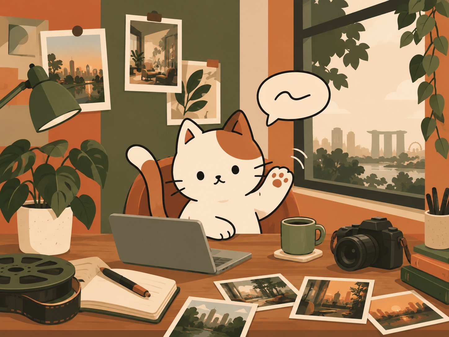 The StoriesMaker mascot waving hello from a cozy desk, with a camera, film reel and city view nearby